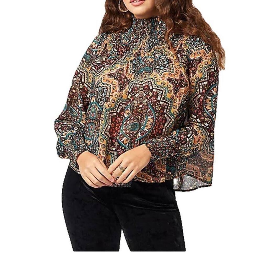 Wrangler Retro Smocked Western Print Lightweight Flowy Blouse Size XL